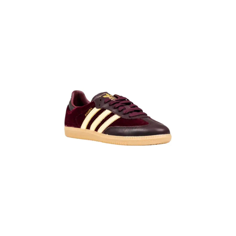 Maroon suede Adidas Samba sneakers with cream stripes for women