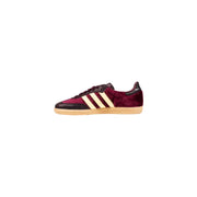 Maroon suede Adidas Samba sneaker with cream stripes and black accents for women