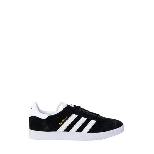 Black and white adidas gazelle sneakers with three stripes.