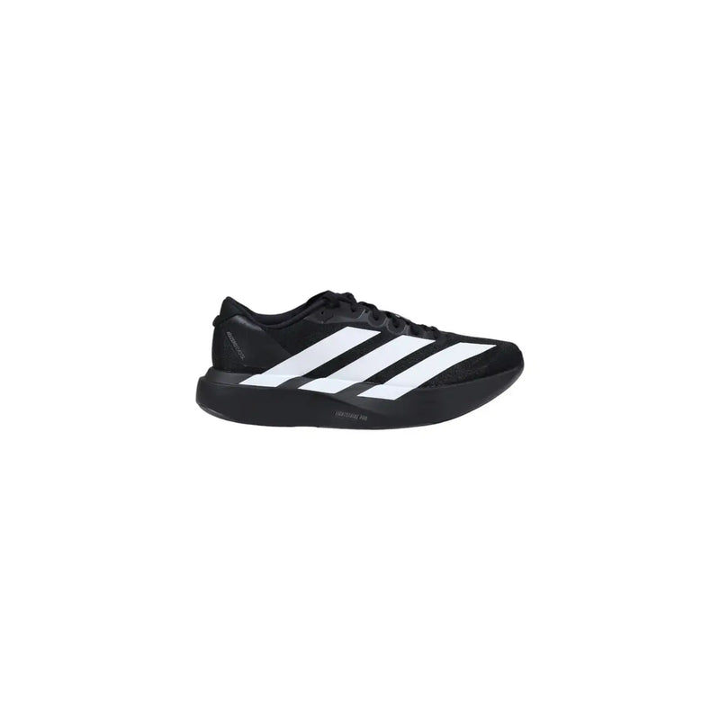 Adidas men sneakers black synthetic fabric with three bold white stripes designed for running
