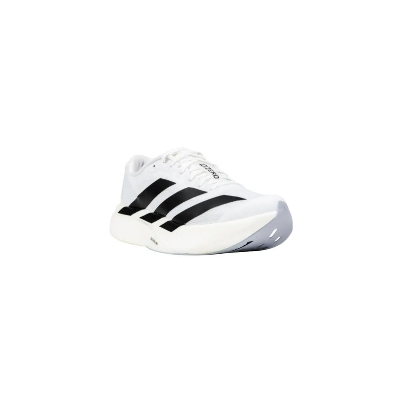 Adidas men sneakers white synthetic slip on featuring black three stripes and gray heel accent in adizero style