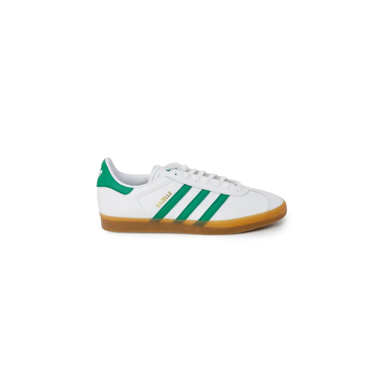 Adidas Baskets blanches à lacets pour homme, en matière synthétique, avec rayures et languette au talon vert vif et semelle en gomme.