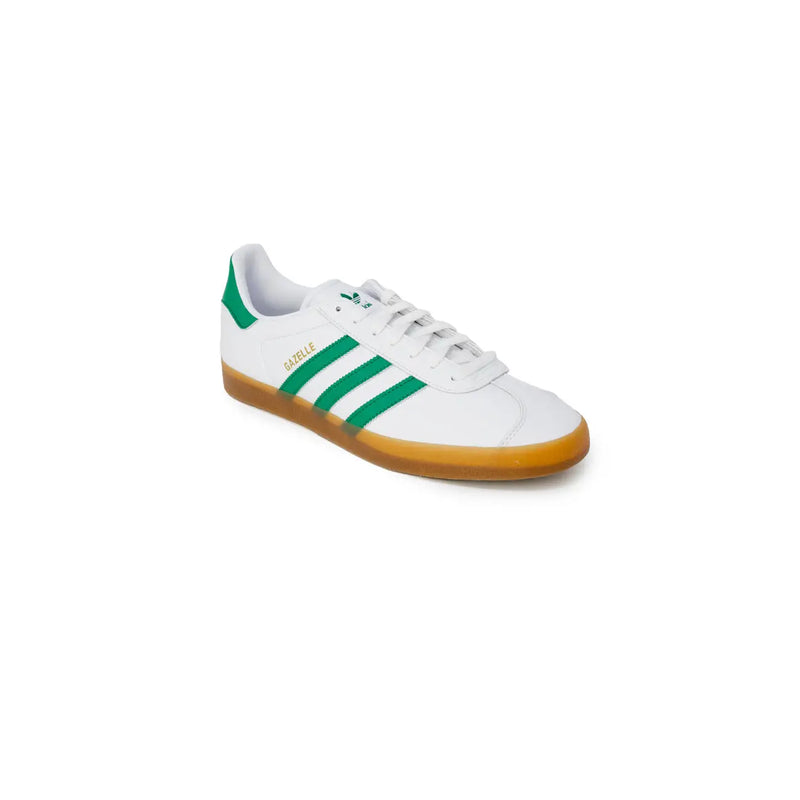 Adidas Baskets montantes blanches pour homme, en matière synthétique, avec rayures vertes et semelle en gomme, pointure 2 (vue de face).