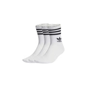 Three pairs of white Adidas crew socks with black stripes displayed with Adidas Mens White Printed Fall Winter Underwear