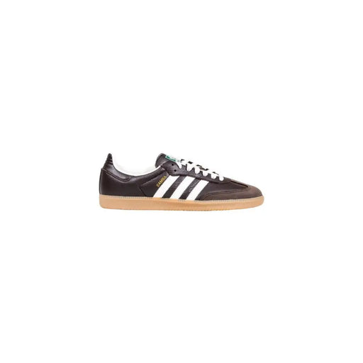 Brown leather adidas samba sneaker with white stripes and gum sole.