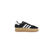 Black fuzzy suede Adidas Campus sneakers with white stripes and tan gum sole