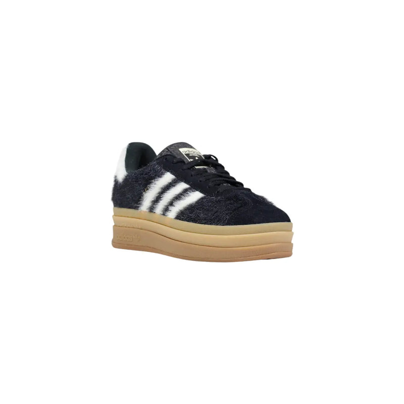Adidas Originals women black leather sneakers dark blue suede with white stripes and tan platform sole for fall winter