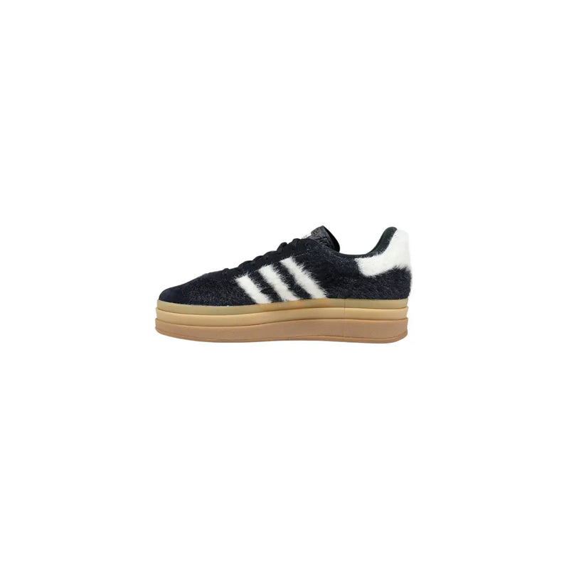 Adidas Originals women black leather sneakers with fuzzy texture white stripes and tan platform sole for fall winter