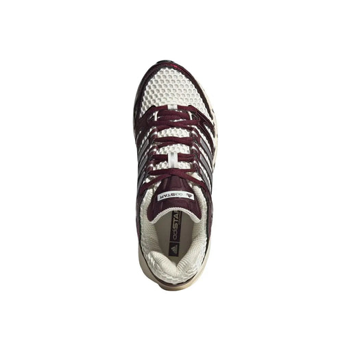Adidas Baskets Originals pour femmes, couleur bordeaux, en matière synthétique avec empeigne en mesh respirant blanc et bordeaux et trois bandes emblématiques.