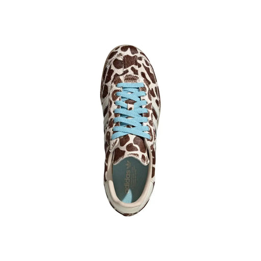 Adidas Baskets Originals pour femme en cuir léopard marron avec lacets bleu clair et doublure intérieure turquoise