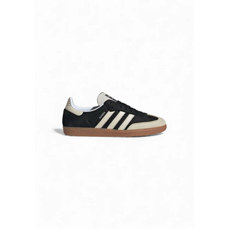 Adidas Originals women leather Samba sneakers in black and beige with suede upper gum rubber sole and classic stripes