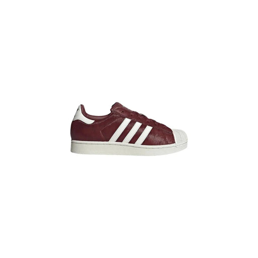 Adidas Baskets Originals pour femmes en cuir, couleur bordeaux, avec bout renforcé en caoutchouc blanc et trois bandes.