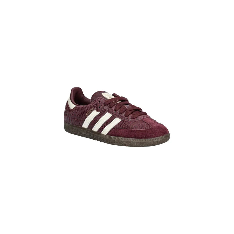 Adidas Originals women leather sneakers bordeaux in maroon suede with white stripes and textured upper pattern