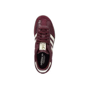 Adidas Originals women leather sneakers bordeaux featuring maroon suede with white three stripes and textured toe cap