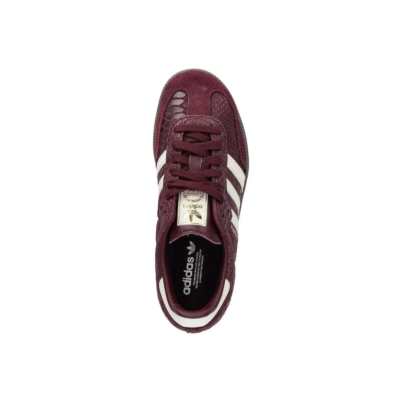 Adidas Originals women leather sneakers bordeaux featuring maroon suede with white three stripes and textured toe cap