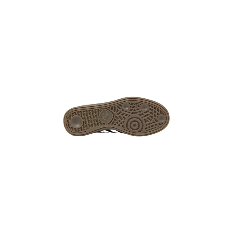 Brown rubber sole with textured pattern and adidas logo embossed at center of adidas originals women suede handball spezial sneakers black