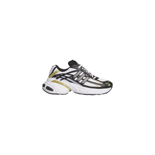 Adidas Baskets blanches Originals pour femmes, avec tige en tissu et semelle épaisse en caoutchouc, ornées de détails noirs et dorés.