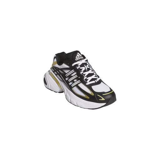 Adidas Baskets blanches pour femmes Originals, en caoutchouc et tissu avec empiècements en cuir noir et blanc, détails dorés, semelle épaisse et trois bandes.
