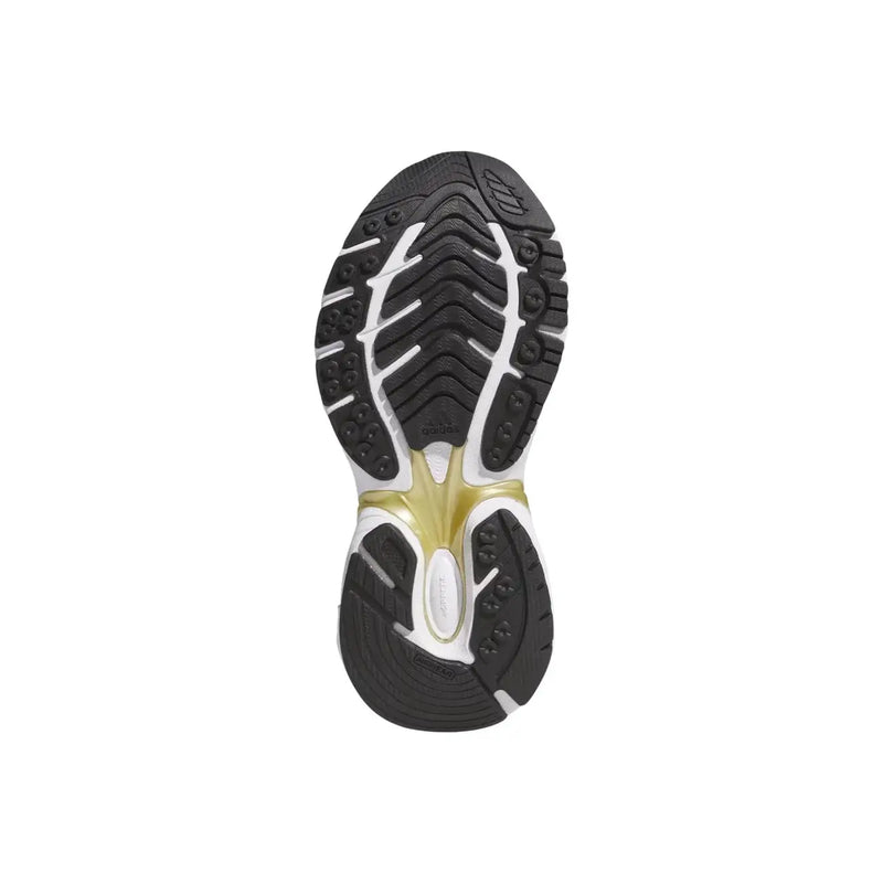 Black and white adidas originals women white sneakers fabric rubber sole with gold-colored midsole accent shown from the back