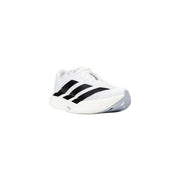 White and black adidas running shoe with stripes.