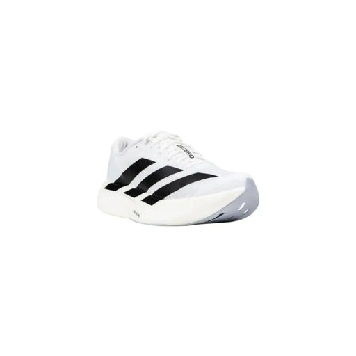 White and black adidas running shoe with stripes.
