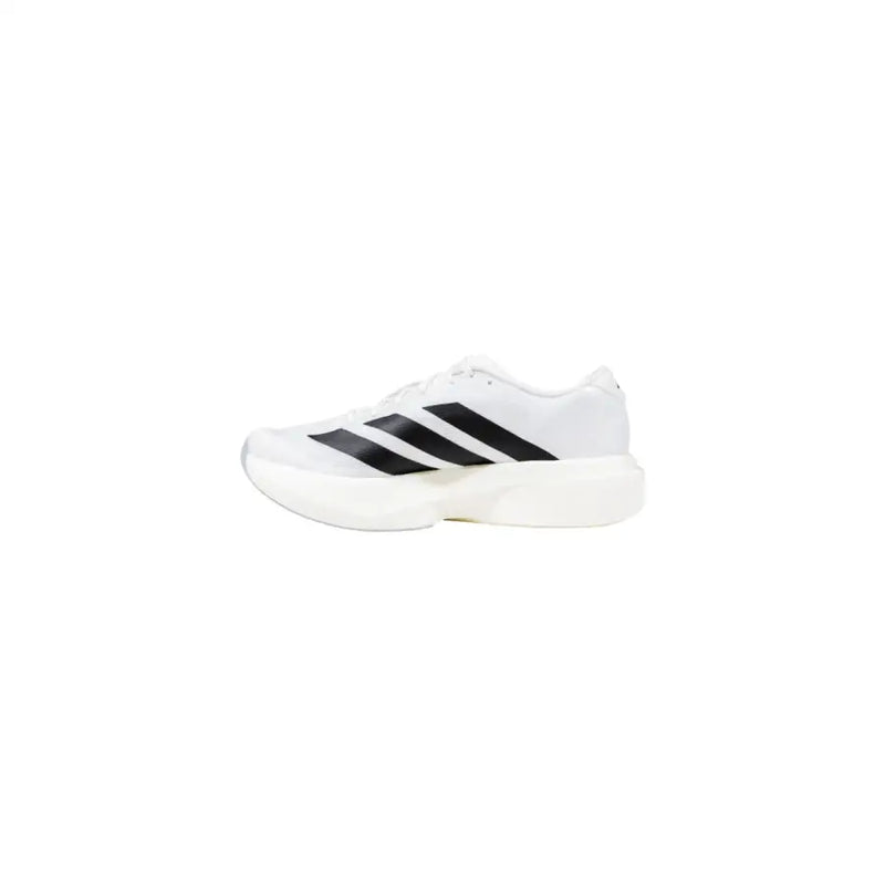 White and black adidas sneaker with three stripes.
