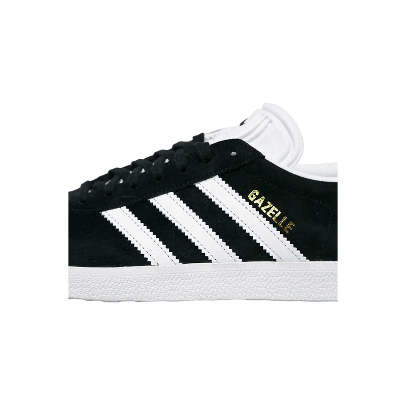 Adidas women black suede Gazelle sneaker with white three stripes gold lettering polyurethane lace up design