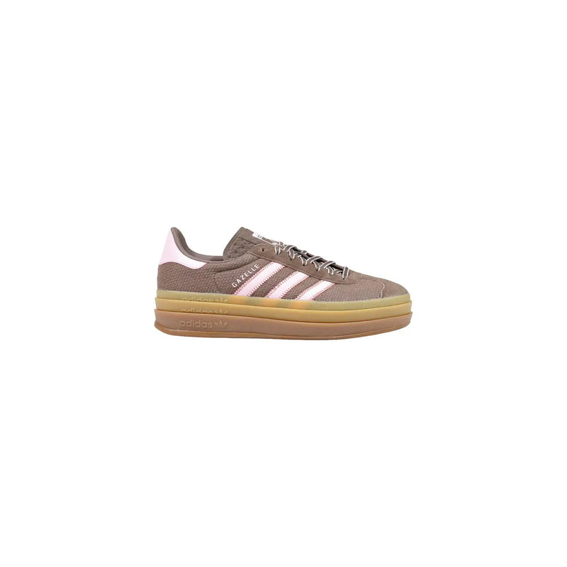 Adidas women leather gazelle bold sneaker in brown suede with pink stripes and gum-colored rubber sole