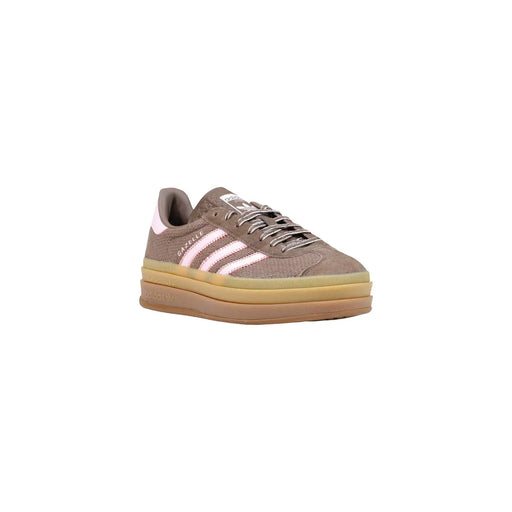 Adidas Baskets Gazelle Bold en cuir pour femme, en daim marron avec rayures roses et semelle en caoutchouc couleur gomme