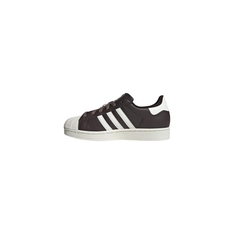 Adidas women leather superstar sneakers brown featuring dark brown suede upper white rubber toe cap and three stripes