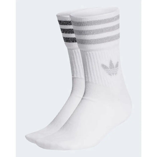 White Adidas women’s cotton blend socks with silver glitter stripes and trefoil logo