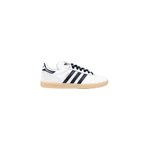 Adidas women white faux leather slip on sporty sneaker with black three stripes black laces and gum rubber sole