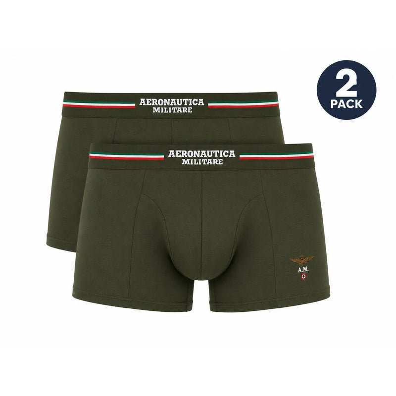 Boxer homme en coton vert olive, motif Aeronautica Militare, ceinture rayée et logo brodé.
