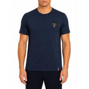 T-shirt à manches courtes en coton bleu marine Aeronautica Militare pour homme t-shirt avec logo brodé en or et bande tricolore à l'ourlet
