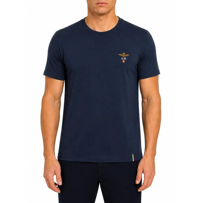 T-shirt à manches courtes en coton bleu marine Aeronautica Militare pour homme t-shirt avec logo brodé en or et bande tricolore à l'ourlet