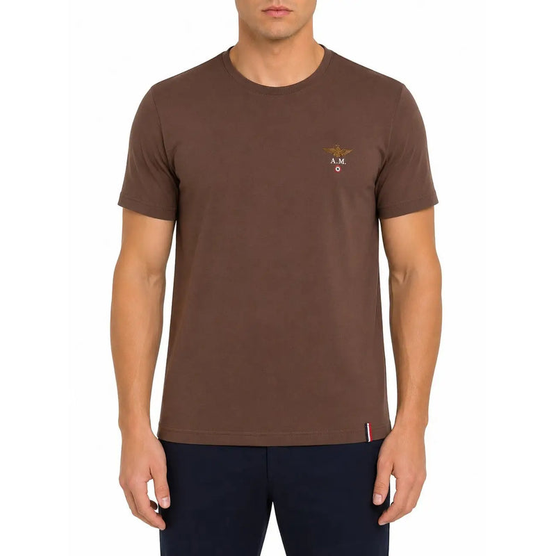 Sous-vêtements en coton marron à manches courtes pour hommes Aeronautica Militare t-shirt avec logo brodé et étiquette rayée