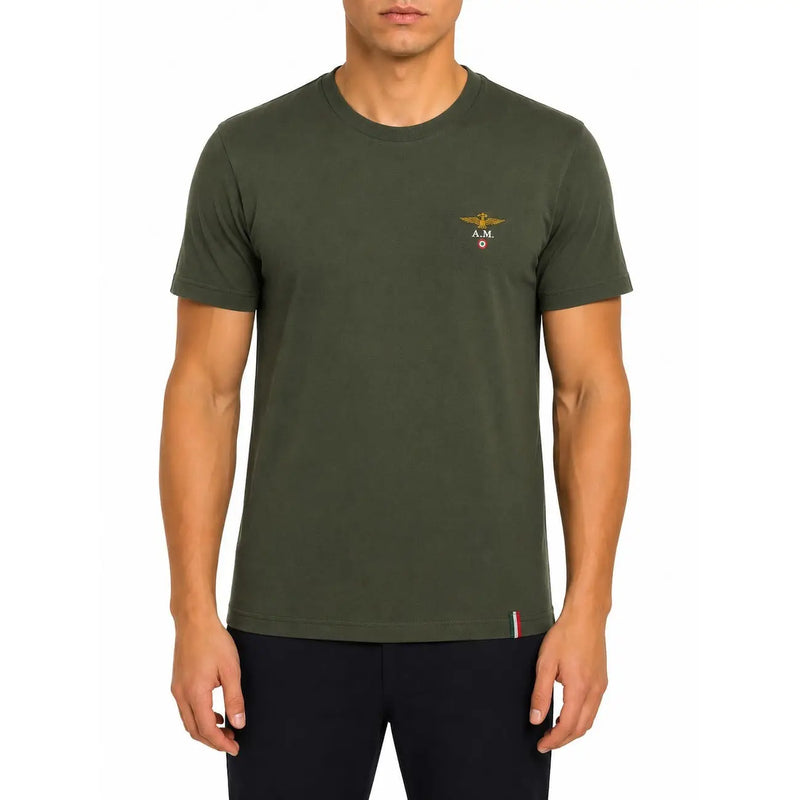 T-shirt militaire vert olive pour homme en coton à manches courtes t-shirt avec logo brodé en or et bordure drapeau italien sur l'ourlet