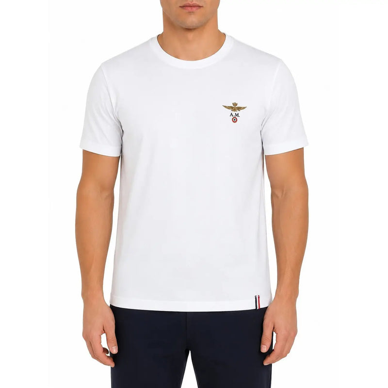 T-shirt Aeronautica Militare pour homme en coton blanc à manches courtes t-shirt avec logo brodé et ourlet à rayures tricolores