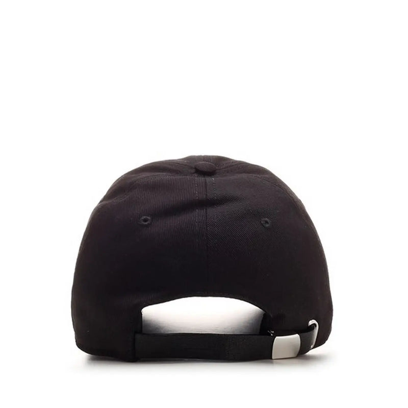 Vue arrière d'une casquette Alexander McQueen pour homme, en coton noir, style baseball, avec une sangle blanche ajustable et une boucle argentée.