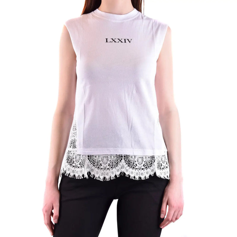 Débardeur femme Alexander McQueen top Débardeur blanc en coton avec inscription LXXIV en noir et bordure en dentelle blanche à l'ourlet