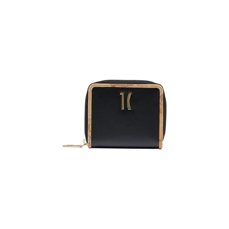 Alviero Martini black leather zip wallet for women with cork trim and gold k logo