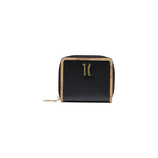 Alviero Martini black leather zip wallet for women with cork trim and gold k logo