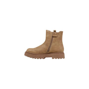Alviero Martini Prima Classe beige tan suede ankle boots with chunky textured sole and side zipper closure