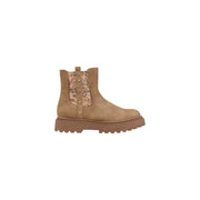 Alviero Martini Prima Classe beige ankle boots in tan suede with map patterned side panel and gold tone studs