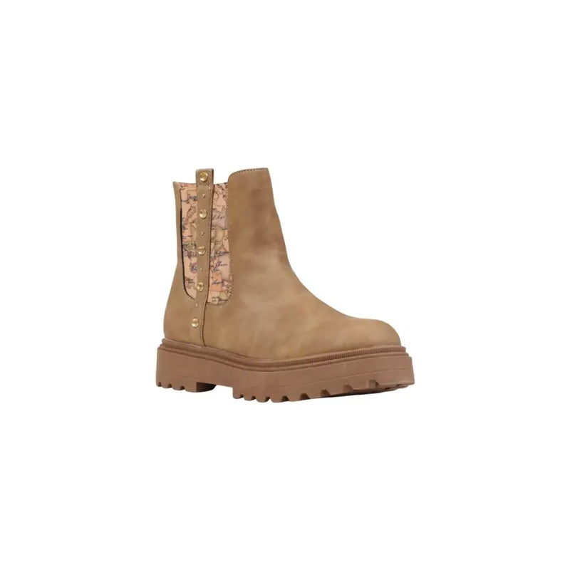 Alviero Martini Prima Classe beige ankle boots in tan suede with map-patterned side panel and gold-tone studs