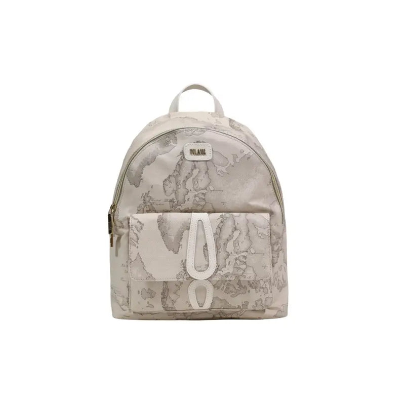 Alviero Martini Prima Classe beige print rucksack with gray marble pattern and white leather-like accents and pockets