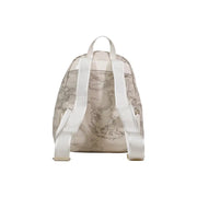 Beige alviero martini prima classe rucksack with vintage world map print white straps and embossed branding pockets