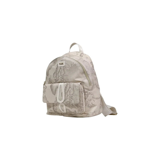 Beige alviero martini prima classe rucksack with subtle marble-like pattern and white zipper pulls with pockets