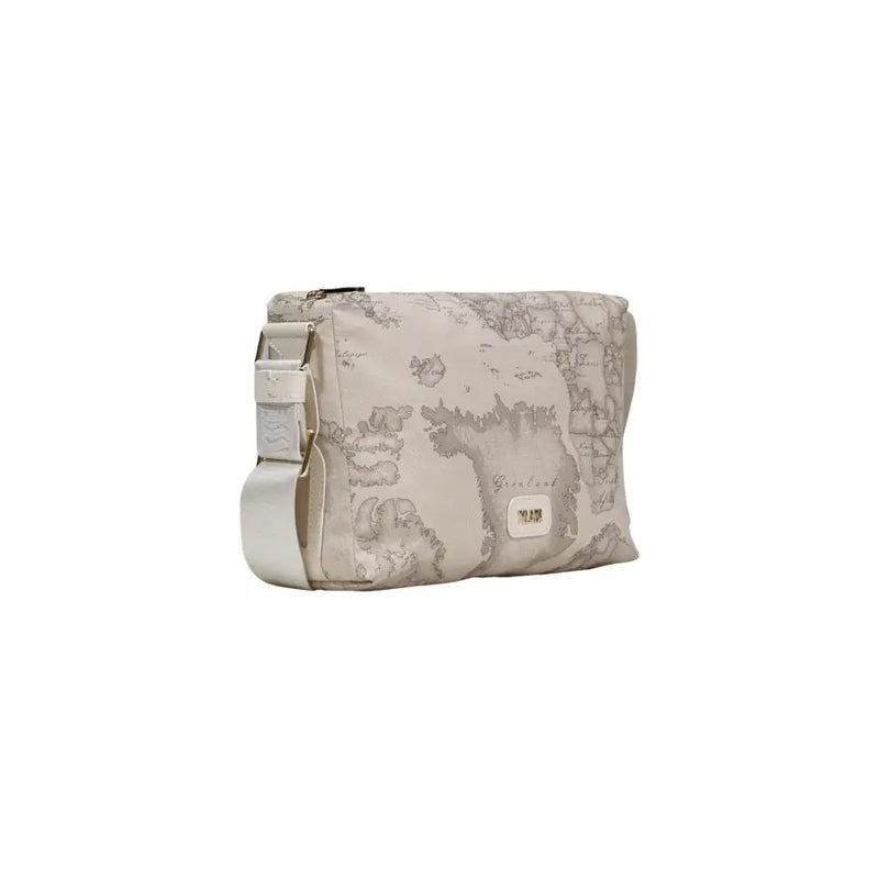 Alviero martini prima classe beige print shoulder bag with subtle gray map print and white leather crossbody strap