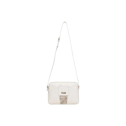 White leather crossbody Alviero Martini Prima Classe bag with beige map print and Pilasm logo on front flap